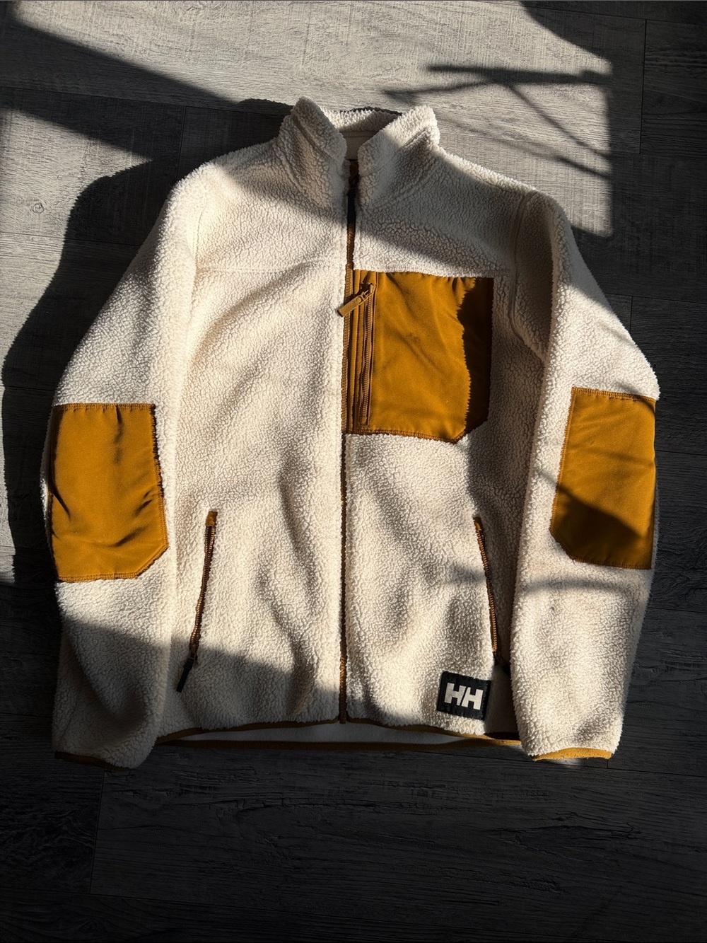 Helly Hansen Cream Sherpa Jacket with Mustard Patches